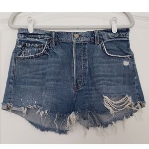 Reformation Denim Shorts High Waist Distressed Frayed Hem Blue‎ Size 28